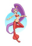  blue_eyes bracelet drawster001 earrings full_body highres jewelry open_mouth pointy_ears ponytail purple_hair shantae shantae_(series) solo 