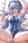  1boy 1girl :d ahoge alternate_costume arm_up armpits bed_sheet blue_hair blue_one-piece_swimsuit blush breasts censored clothing_aside collarbone competition_swimsuit condom condom_wrapper covered_navel cum cum_in_pussy cum_on_clothes ejaculation ganyu_(genshin_impact) genshin_impact goat_horns happy_sex hetero highres horns large_breasts lying missionary mosaic_censoring motion_lines on_back one-piece_swimsuit open_mouth pillow pillow_grab pov purple_eyes sex smile spread_legs sweat swimsuit swimsuit_aside tenpa_(tenpa2190) two-tone_swimsuit used_condom vaginal white_one-piece_swimsuit 