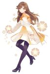  1girl alternate_costume arashio_(kancolle) black_footwear black_pantyhose brown_eyes brown_hair commentary_request dress floral_background full_body gradient_dress high_heels kantai_collection long_hair looking_at_viewer pantyhose shakemi_(sake_mgmgmg) solo white_background white_dress 