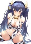 1girl absurdres animal_ears animal_print bangs bell bikini bimmy black_hair breasts choujigen_game_neptune cleavage closed_mouth cow_ears cow_girl cow_horns cow_print cowbell fake_animal_ears fake_horns frown hair_between_eyes headband highres horns kneeling large_breasts looking_at_viewer navel neptune_(series) noire_(neptune_series) sidelocks solo stomach swimsuit thighhighs twintails 