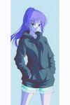  1girl absurdres alternate_costume baggy_clothes black_hoodie breasts casual contemporary enoki_(gongindon) expressionless feet_out_of_frame green_eyes hands_in_pockets highres hood hoodie hunter_x_hunter looking_at_viewer machi_(hunter_x_hunter) medium_breasts purple_hair short_hair shorts simple_background solo 