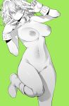 1girl blush boku_no_hero_academia boots breasts gloves green_background greyscale_with_colored_background groin hagakure_tooru highres large_breasts monochrome navel nipples nude ratatatat74 revision short_hair solo unusually_visible v 