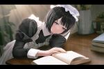  1girl apron black_hair black_shirt book grey_eyes half-closed_eyes highres leaning_forward long_sleeves maid mikemomonga original reading shiny shiny_hair shirt short_hair sitting solo sunlight table white_apron white_headwear 