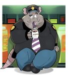  2022 absurd_res anthro belly beverage big_belly bottomwear brok_the_investigator clothing coffee coffee_mug eyes_closed grey_body guard guard_(brok_the_investigator) hat headgear headwear hi_res kemono m2vcjtad5hsdvla male mammal mug murid murine necktie overweight overweight_male pants rat rodent shirt sitting solo topwear video_games 