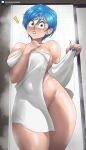  ! 1girl absurdres bare_shoulders blue_eyes blue_hair blue_nails blush breasts bulma commentary_request covered_navel cowboy_shot dragon_ball dragon_ball_z echo_saber groin hair_between_eyes hand_on_own_chest hands_up highres large_breasts looking_at_viewer nail_polish naked_towel nose_blush parted_lips pink_lips short_hair solo standing thick_thighs thighs towel 