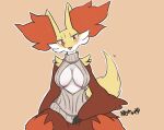  2021 big_breasts blush breasts brown_background canid canine cleavage cleavage_cutout clothed clothing delphox eyelashes female generation_6_pokemon hand_on_lap hi_res inner_boob inner_ear_fluff japanese_text keyhole_turtleneck looking_at_viewer mammal nintendo open_mouth open_smile pokemon pokemon_(species) raised_tail red_eyes ribbed_clothing ribbed_sweater signature simple_background sitting smile solo sweater text topwear translated tuft under_boob video_games yakiniku628 