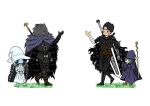  anthro armor berserk blaidd_(elden_ring) canid canine canis chibi clothing crossover elden_ring female fromsoftware group guts_(berserk) hand_holding hat headgear headwear hi_res human humanoid jowan magic_user male mammal melee_weapon ranni_the_witch schierke_(berserk) smile staff sword video_games weapon witch witch_hat wolf 