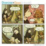  &lt;3 1:1 2022 anthro beanie blush canid canine canis clothing comic cute_fangs dialogue doginacafe domestic_dog duo english_text exclamation_point flower four_frame_image furgonomics furniture guitar hammock hat headgear headwear hi_res kip_(doginacafe) male mammal mason_(doginacafe) multiple_scenes musical_instrument nonbinary_(lore) plant plucked_string_instrument string_instrument text thought_bubble url 