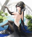  1girl arm_support azur_lane backless_dress backless_outfit bare_back bare_shoulders black_dress black_gloves black_hair breasts brown_pantyhose butterfly_hair_ornament chen_hai_(azur_lane) chen_hai_(cerulean_ripples)_(azur_lane) circlet closed_mouth dress elbow_gloves feet frills from_behind glint gloves gold_choker hair_ornament hand_up highres jewelry knees_together_feet_apart large_breasts legs long_dress long_hair looking_at_viewer looking_back median_furrow neck_ring no_shoes official_alternate_costume pantyhose pelvic_curtain plant potted_plant qing_wu red_eyes sideboob sitting solo water 