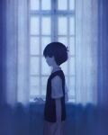  1boy black_sweater_vest cargo_shorts closed_mouth collared_shirt curtains from_behind indoors omori shionty shirt short_hair shorts solo sunny_(omori) sweater_vest white_shirt window 