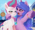  2022 blue_eyes blue_hair bodily_fluids bracelet cutie_mark digital_media_(artwork) duo equid equine eyebrows eyelashes feathered_wings feathers female hair hasbro hi_res hooves horn izzy_moonbow_(mlp) jewelry lidded_eyes long_hair mammal marenlicious meme mlp_g5 multicolored_hair multicolored_wings my_little_pony open_mouth pegasus pink_hair purple_body purple_eyes signature sweat tired two_tone_hair unicorn unicorn_horn white_body wings zipp_storm_(mlp) 