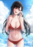  1girl ;d bangs bare_arms bare_shoulders bikini black_hair blue_sky blush breasts cleavage cloud cloudy_sky commentary_request cowboy_shot day front-tie_top halterneck hands_up happy highres large_breasts long_hair looking_at_viewer navel ocean one_eye_closed original outdoors po_ppe purple_eyes red_bikini sky smile solo stomach string_bikini swept_bangs swimsuit teeth upper_teeth water wet 