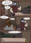  2022 anthro bottomwear brown_body bulge clothing comic crew_(dippubear) detailed_background didelphid dippubear duo ear_piercing ear_ring english_text hi_res humanoid_hands hyaenid inside male mammal marsupial overweight overweight_male pants parker_pierce piercing ring_piercing shirt text topwear 