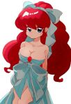  1girl alternate_hairstyle blue_dress blue_eyes breasts closed_mouth curly_hair dress earrings jewelry looking_at_viewer ranma-chan ranma_1/2 red_hair sana79261827 simple_background solo strapless strapless_dress white_background 