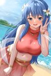  1girl :d bare_shoulders beach bikini blue_eyes blue_hair blush breasts caeda_(fire_emblem) commission cowboy_shot dutch_angle fire_emblem fire_emblem:_mystery_of_the_emblem fire_emblem_heroes highres jewelry large_breasts long_hair miniskirt navel necklace ocean official_alternate_costume open_mouth outdoors plumeria red_bikini see-through skeb_commission skirt sleeveless smile solo swimsuit tenpa_(tenpa2190) v 