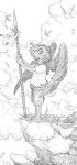  1boy aged_down bird child cliff cloud dark-skinned_male dark_skin facial_mark from_side greyscale highres holding holding_weapon king_(one_piece) male_child male_focus monchi_(tamakin_mnc) monochrome one_piece outdoors polearm short_hair short_sleeves shorts solo spear standing weapon white_hair wings 