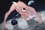  1girl after_sex after_vaginal ahegao aqua_eyes ass_grab barefoot blush breasts bukkake completely_nude cum cum_in_pussy cum_on_body cum_on_breasts cum_string cyberpunk_(series) cyberpunk_edgerunners earth_(planet) feet from_behind full_body grabbing_own_ass grey_hair hanging_breasts headwear_removed helmet helmet_removed highres large_breasts looking_at_viewer looking_back lucy_(cyberpunk) moon navel nipples nude on_moon open_mouth overflow planet pussy short_hair soles solo space space_helmet spread_legs thighs those_girls uncensored 