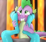  2016 anthro blue_body blue_scales blush claws clenched_teeth dragon duo feet female foot_grab foot_on_face friendship_is_magic green_eyes hasbro jimfoxx lava lava_waterfall legs_up looking_up male my_little_pony nude princess_ember_(mlp) scales scalie smile spike_(mlp) standing teeth toe_claws western_dragon 