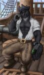  alcohol anthro beverage bulge canid canine canis corwolf drinking gevual hi_res male mammal muscular pirate rum sailor ship sitting solo vehicle watercraft wolf 