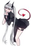  1girl absurdres arknights ascot bangs black_ascot black_dress black_pantyhose blunt_bangs chained_sarkaz_girl cropped_legs demon_girl demon_horns demon_tail dress earrings eyes_visible_through_hair from_side gongmairou_bot grey_hair hair_over_eyes highres horns jewelry leaning_forward long_hair long_sleeves looking_at_viewer looking_to_the_side open_mouth own_hands_together pantyhose red_eyes simple_background single_leg_pantyhose single_sleeve solo standing tail thigh_strap twintails very_long_hair white_background 