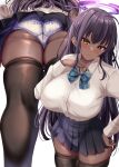  1girl ass bangs black_hair black_thighhighs blue_archive blue_skirt blush bow bowtie breasts collared_shirt dark-skinned_female dark_skin dress_shirt earrings fukuda_shuushi halo highres jewelry karin_(blue_archive) large_breasts long_hair long_sleeves looking_at_viewer multiple_views panties pleated_skirt shirt skirt smile thighhighs thighs underwear upskirt white_panties white_shirt yellow_eyes 