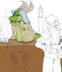  anthro blue_hair blush bodily_fluids bottomless breath_cloud clothed clothing coconuts_(artist) colored desk dragon exhibitionism female furniture genitals green_body hair hand_on_head horn human knife male mammal monochrome pussy scalie shirt sweat table topwear 