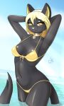  2022 3:5 absurd_res anthro black_body black_fur breasts clothing demonkussh digital_media_(artwork) felid feline female fur hands_behind_back hi_res looking_at_viewer mammal signature small_breasts solo swimwear yellow_eyes 