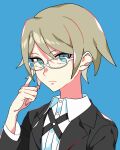  1boy arare_(op_ed_000) bangs black_jacket blonde_hair closed_mouth collared_shirt danganronpa:_trigger_happy_havoc danganronpa_(series) dress_shirt glasses green_background hand_up highres jacket male_focus portrait shiny shiny_hair shirt short_hair simple_background solo togami_byakuya white-framed_eyewear white_shirt 