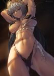  1girl abs absurdres arms_behind_head arms_up artist_name ass_visible_through_thighs bikini black_bikini blue_eyes breasts cameltoe chain covered_nipples cowboy_shot crown dark-skinned_female dark_skin fate/grand_order fate_(series) from_below gold_chain grey_hair highleg highleg_bikini highres large_breasts light long_hair looking_at_viewer looking_down muscular muscular_female navel parted_lips queasy_s solo stomach swimsuit twitter_username underboob very_long_hair zenobia_(fate) 