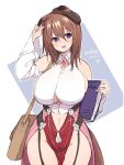  1girl animal_ears bag book breasts brown_hair clothing_cutout detached_sleeves dog_ears hat holding holding_book huge_breasts looking_to_the_side medium_hair navel_cutout original purple_eyes satchel sideboob standing thigh_gap underboob white_background yoshikawa_hideaki 