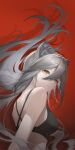  1girl absurdres animal_ears aoliaobingxiaogan_o arknights bangs bare_shoulders breasts cat_ears commentary_request crop_top grey_hair hair_between_eyes highres large_breasts long_hair looking_at_viewer midriff red_background schwarz_(arknights) solo upper_body very_long_hair yellow_eyes 