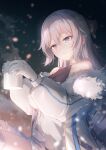  1girl absurdres bangs bare_shoulders bronya_zaychik caisena commentary_request cup fur-trimmed_jacket fur_trim gloves grey_eyes grey_hair highres holding holding_cup honkai_(series) honkai_impact_3rd jacket long_hair long_sleeves looking_at_viewer mug off_shoulder open_clothes open_jacket smile solo upper_body very_long_hair white_gloves white_jacket 