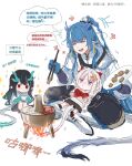  3girls :d :t ^_^ absurdres aged_down arknights bangs black_hair blue_hair boots chopsticks closed_eyes commentary_request crossed_arms dusk_(arknights) highres holding holding_chopsticks holding_plate horns indian_style jacket ling_(arknights) long_hair multiple_girls nian_(arknights) open_mouth plate purple_eyes red_eyes simple_background sitting smile speech_bubble very_long_hair white_background white_footwear white_hair white_jacket zuo_daoxing 