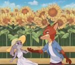  anime_style anthro canid canine clothed clothing cloud colored disney dress duo female fence flower fox fur hat headgear headwear hi_res lagomorph leporid male male/female mammal plant rabbit sky sundress sunflower the_gory_saint zootopia 