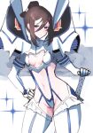  1girl absurdres alternate_costume bakuzan black_hair breasts brown_eyes cleavage cleavage_cutout clothing_cutout cosplay highres juneplums junketsu kamui_(kill_la_kill) kill_la_kill kiryuuin_satsuki kiryuuin_satsuki_(cosplay) morag_ladair_(xenoblade) navel simple_background white_background xenoblade_chronicles_(series) xenoblade_chronicles_2 