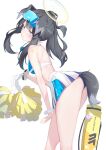  1girl animal_ears ass back backless_outfit bare_arms bare_shoulders black_hair blue_archive blue_eyes blue_panties breasts cheerleader crop_top dog_ears dog_girl dog_tail from_side goggles goggles_on_head halo hibiki_(blue_archive) hibiki_(cheerleader)_(blue_archive) highres holding long_hair looking_at_viewer looking_to_the_side medium_breasts midriff miniskirt panties pleated_skirt pom_pom_(cheerleading) ponytail reinama skirt sleeveless solo tail thighs underwear white_skirt 