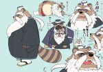  2022 anthro asian_clothing beard belly big_belly brown_body canid canine clothed clothing duo east_asian_clothing eyes_closed facial_hair footwear fundoshi hat headgear headwear hi_res japanese_clothing kemono male mammal mature_male multiple_poses overweight overweight_male pontehihi pose raccoon_dog red_clothing red_fundoshi red_underwear sandals solo tanuki underwear 