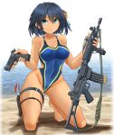  1girl absurdres assault_rifle battle_rifle beach black_hair blue_one-piece_swimsuit breasts competition_swimsuit covered_navel fn_fal green_eyes grenade_launcher gun handgun highleg highleg_swimsuit highres holding holding_gun holding_weapon holster knife large_breasts magazine_(weapon) mikeran_(mikelan) multicolored_clothes multicolored_swimsuit ocean one-piece_swimsuit original rifle scope short_hair smile solo swimsuit thigh_holster thigh_strap underbarrel_grenade_launcher weapon yellow_one-piece_swimsuit 