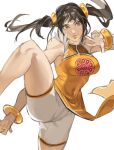  1girl absurdres bare_shoulders black_hair bracelet breasts brown_eyes china_dress chinese_clothes dress fighting_stance hanny_(uirusu_chan) highres jewelry knee_up ling_xiaoyu medium_breasts orange_bracelet orange_dress pelvic_curtain shorts solo tekken twintails white_shorts 