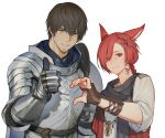  2boys adventurer_(ff14) animal_ears armor bangs black_scarf blue_eyes braid braided_ponytail breastplate brown_gloves brown_hair cat_ears elbow_gloves facial_hair facial_mark ffxivys final_fantasy final_fantasy_xiv fingerless_gloves g&#039;raha_tia gauntlets gloves grey_shirt hair_ornament hand_up heart_hands_failure hyur jewelry looking_at_viewer low_ponytail male_focus miqo&#039;te multiple_boys neck_tattoo paladin_(final_fantasy) pendant red_eyes red_hair scar scar_on_cheek scar_on_face scarf shirt short_hair simple_background single_braid smile stubble swept_bangs tattoo thumbs_up upper_body white_background x_hair_ornament 