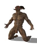  2022 3d_(artwork) abs anthro balls blender_(software) bovid bovine caprine digital_media_(artwork) european_mythology flaccid genitals glowing glowing_eyes goat greek_mythology hi_res horn humanoid_genitalia kneeling looking_at_viewer male mammal minotaur muscular muscular_anthro muscular_male mythology navel nipples nude open_mouth orange_eyes pecs penis pose presenting shadow simple_background smile solo tongue tongue_out ugnaughtsden veiny_muscles white_background 