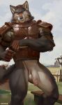  2022 anthro armor balls bottomless canid canine canis chunie clothed clothing detailed_background digital_media_(artwork) flaccid fur genitals grey_body grey_fur hi_res humanoid_genitalia humanoid_penis male mammal muscular muscular_male orange_body orange_fur outside penis solo white_body white_fur wolf 