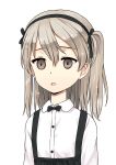  1girl bad_id bad_twitter_id black_bow black_bowtie black_hairband black_ribbon bow bowtie collared_shirt empty_eyes expressionless girls_und_panzer grey_eyes grey_hair hair_ribbon hairband inactive_account jiji_(aardvark) medium_hair one_side_up open_mouth ribbon shimada_arisu shirt simple_background sketch solo suspenders upper_body white_background white_shirt 