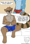  anthro avian bird blue_jay bulge cartoon_network clothed clothing corvid duo english_text genitals hi_res jay_(bird) kingdraws male mammal mordecai_(regular_show) new_world_jay oscine passerine penis procyonid raccoon regular_show rigby_(regular_show) text topless underwear url 