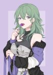  1girl absurdres alternate_costume bangs banned_artist bare_shoulders black_nails breasts button_gap byleth_(fire_emblem) byleth_(fire_emblem)_(female) candy casual cleavage coat collarbone commentary_request earrings enlightened_byleth_(female) eyelashes fire_emblem fire_emblem:_three_houses food hand_up highres holding holding_food jewelry large_breasts licking lollipop long_hair long_sleeves looking_to_the_side multicolored_clothes multicolored_coat nail_polish necklace o-ring off_shoulder open_clothes open_coat open_mouth purple_background ring shimizu_akina simple_background skindentation solo tassel tassel_earrings teeth tongue tongue_out torn_clothes two-tone_background upper_body upper_teeth 