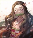  1girl bamboo bit_gag brown_hair checkered_sash gag gradient_hair hair_ribbon haori highres ika_(4801055) japanese_clothes kamado_nezuko kimetsu_no_yaiba kimono long_hair looking_at_viewer multicolored_hair orange_hair pink_eyes pink_kimono pink_ribbon ribbon solo upper_body 