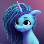  1:1 2022 afro blue_body blue_hair bust_portrait digital_media_(artwork) equid equine eyelashes female feral freckles green_eyes hair hasbro hi_res horn looking_up luminousdazzle mammal misty_(g5) mlp_g5 multicolored_hair my_little_pony portrait smile solo two_tone_hair unicorn unicorn_horn 