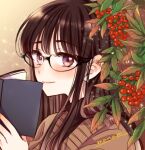  1girl bangs black-framed_eyewear black_shirt blush book brown_background brown_hair brown_sweater closed_mouth commentary food from_side fruit glasses glasses_day himawari-san himawari-san_(character) holding holding_book leaf light_smile long_hair looking_at_viewer open_book portrait purple_eyes rowan shirt signature solo sugano_manami sweater turtleneck 