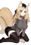  1girl absurdres animal_ears arknights black_bow black_headwear black_shorts black_sweater black_thighhighs blonde_hair blue_eyes blush bow breasts hair_bow hat highres horse_ears horse_girl horse_tail kitorakito kneeling large_breasts long_hair long_sleeves looking_at_viewer ribbed_sweater short_eyebrows shorts simple_background solo sweatdrop sweater tail thick_eyebrows thighhighs whislash_(arknights) white_background 