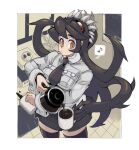  1girl 770mk black_hair coffee coffee_mug coffee_pot collared_shirt cup filia_(skullgirls) futakuchi-onna highres mug necktie orange_eyes plant poster_(object) potted_plant prehensile_hair red_eyes samson_(skullgirls) school_uniform sharp_teeth shirt skirt skullgirls steam teeth thighhighs window 